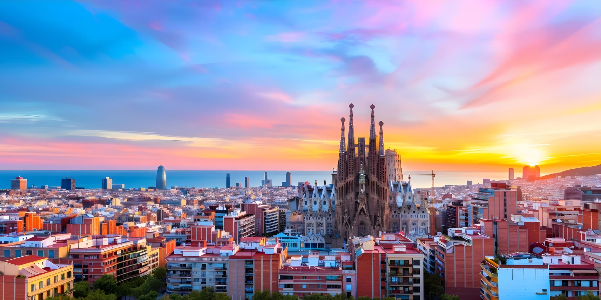 Vista aérea de la Sagrada Família al atardecer, con Barcelona y el Mediterráneo al fondo.